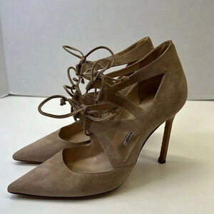 Manolo Blahnik Asaki Double Tie Front Suede Taupe High Heels Pumps Size 38 US 8